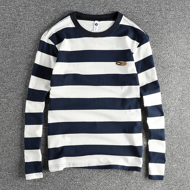 2024 Autumn New American Retro Long Sleeve O-neck Micro Chapter Striped T-shirt Men's Fashion 100% Cotton Washed Casual Tops