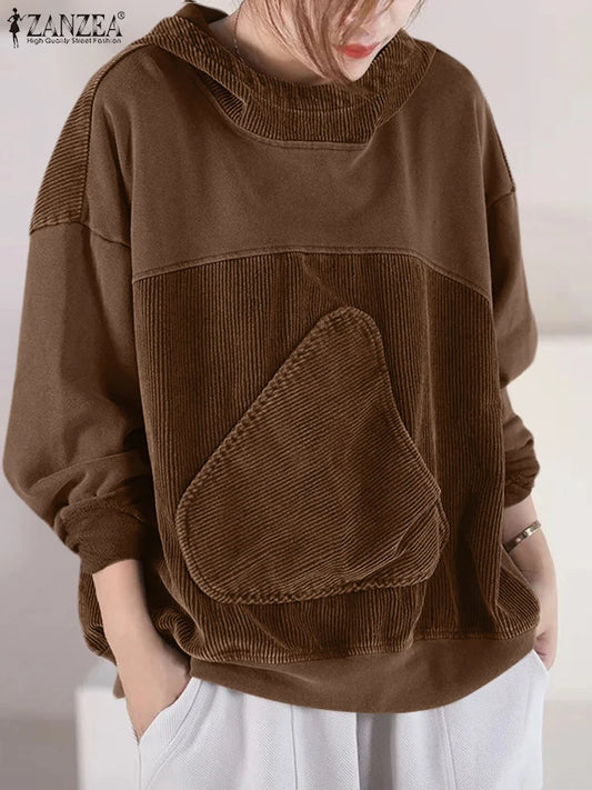 Women Patchwork Corduroy Hoodies Loose Casual Irregular Pocket Hooded Sweatshirts 2024 Fall Colour Block Long Sleeve Tops