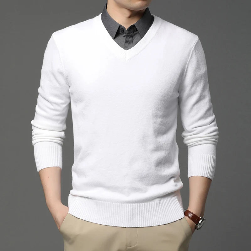 Men's High Quality Fashion Brand, Woollen Knit Pullover V-Neck Sweater, Autumn and Winter Casual Male Jumper