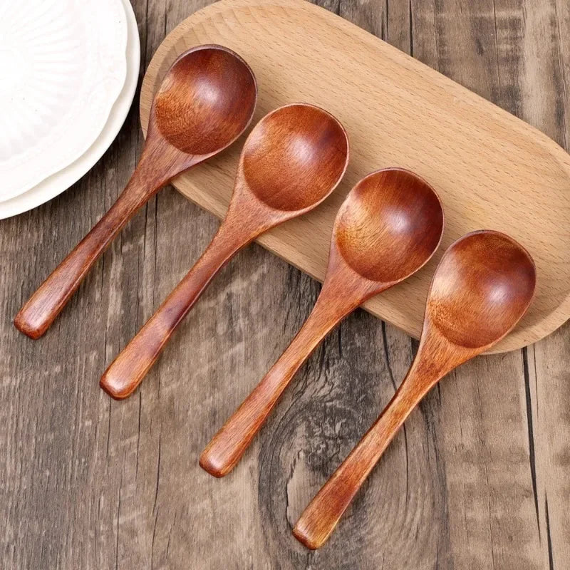 1/10Pcs Wood Soup Spoons Long Handle Coffee Milk Teaspoon Sugar Spice Condiment Scoops Kitchen Tableware Tools Wooden Spoon