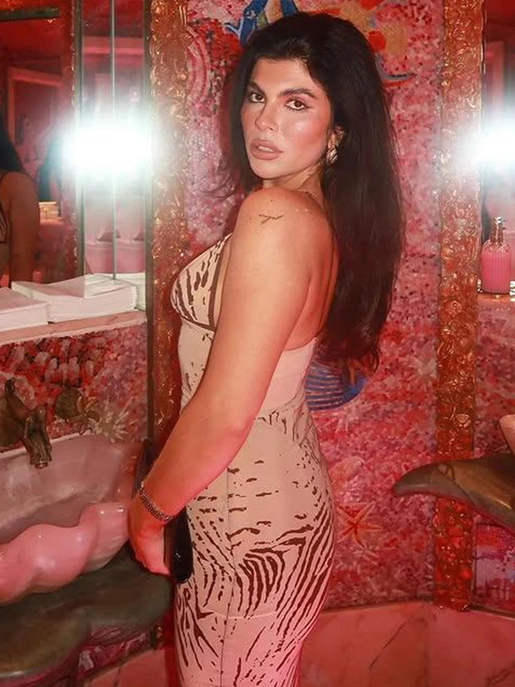 Tie-dye Print Dress Women Sexy Low-Neck Skinny Sleeveless Backless Skinny Vacation Beach Club Party Classic Vestidos