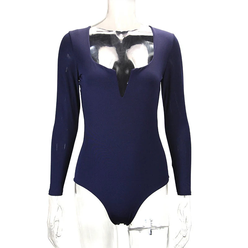 Sexy V-hals skinny jumpsuit voor dames, eenvoudig, comfortabel, effen, lange mouwen, jumpsuit voor dagelijks gebruik, jumpsuit met overhemd en onderstuk.