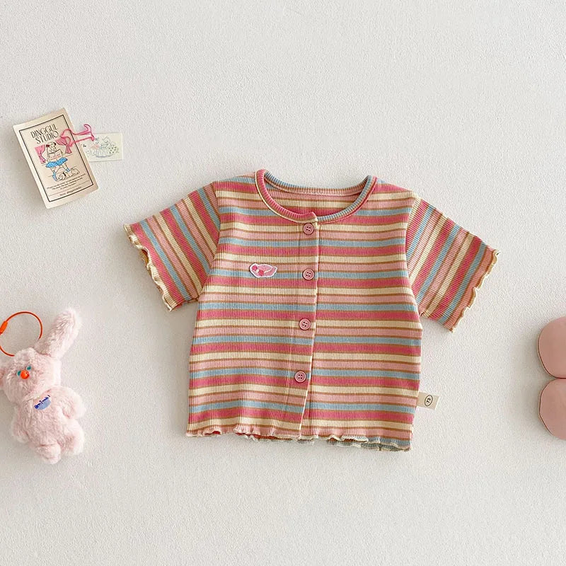 New Summer Girls Colourful Striped Cardigan Kids Short-Sleeved Knitted Sweater Children Cute Lace Bow Jeans 0-5Y Girls