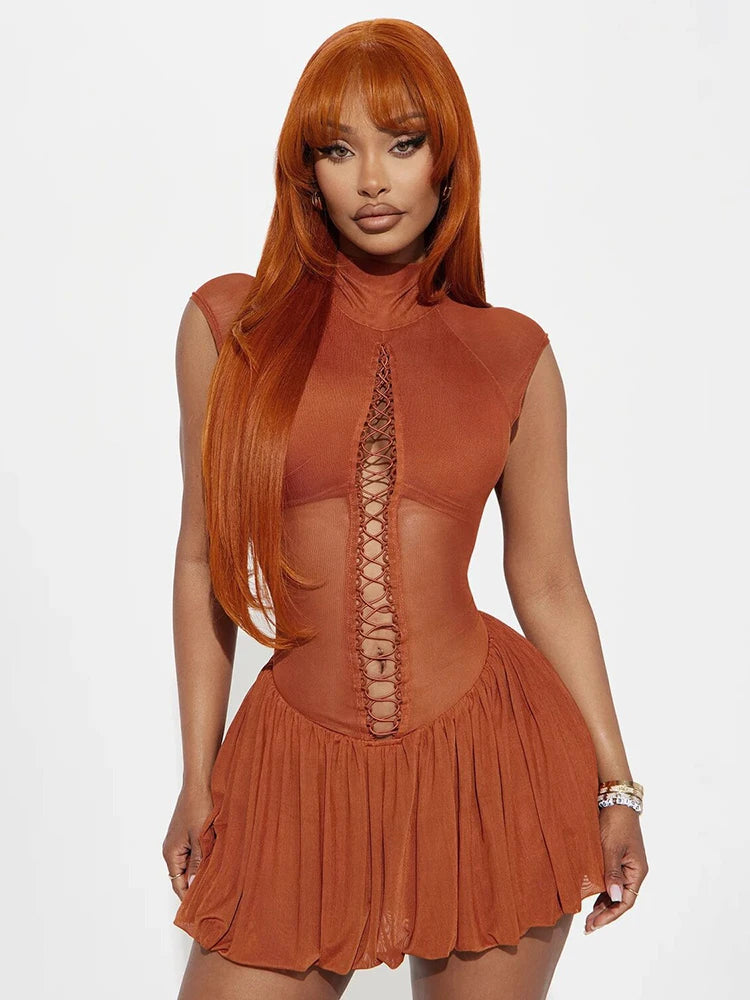 Hollow Sexy Dress Women o-Neck Coquette Sleeveless Patchwork Pleated Hem Halter Summer Midnight Clubwear Mini Bodycon