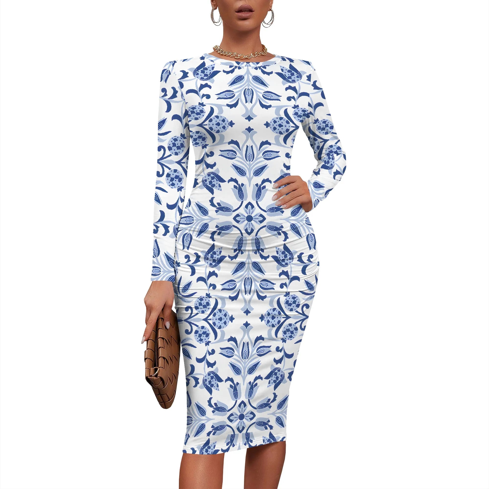 Women's 2025 Summer Dress Ruched Long Sleeve Crew Neck Midi Dress Elegant Bodycon Basic Casual Dresses