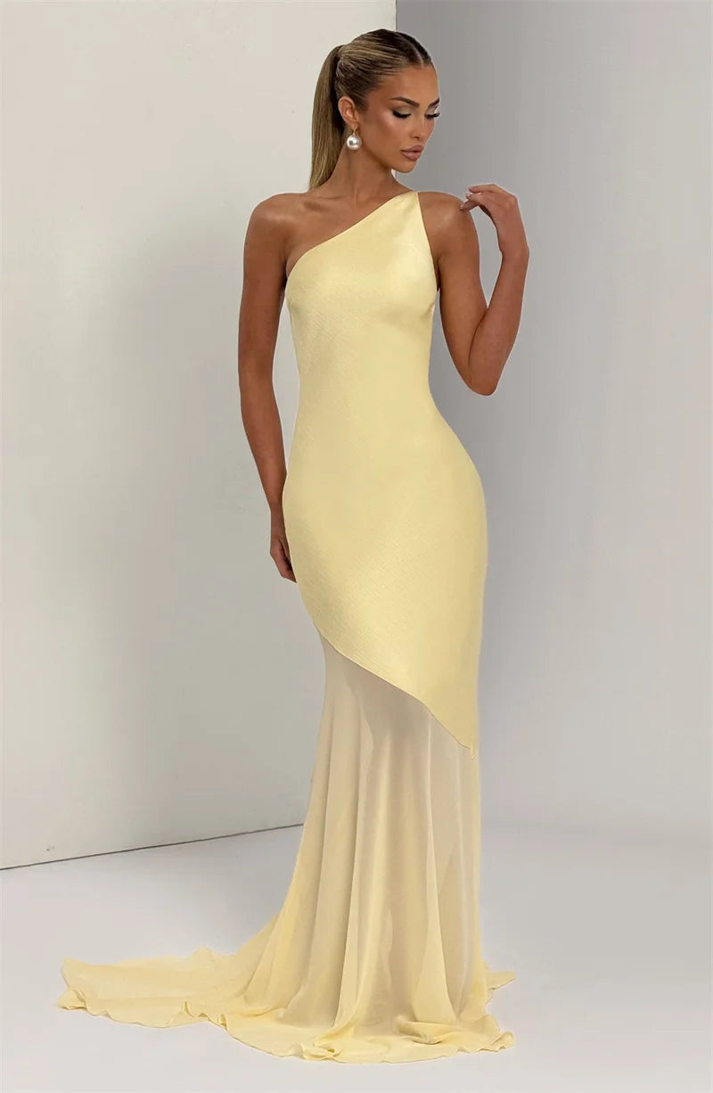 One Shoulder Backless Sleeveless Maxi Dress Women's Sexy Gown Fashion Patchwork Bodycon Club Party Long Dress Elegant Floor-Length