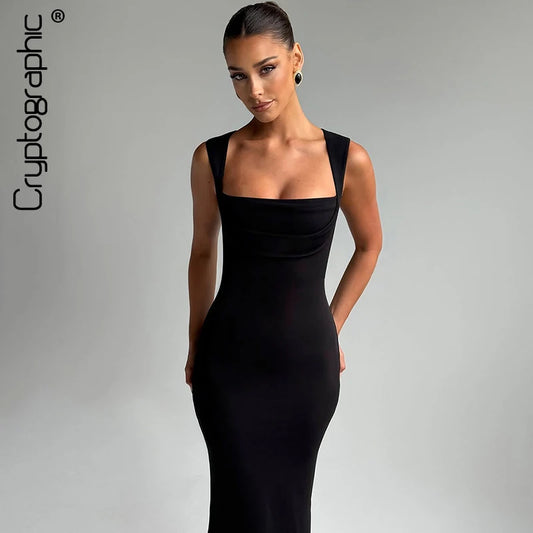 Square Neck Elegant Maxi Dress Club Party Outfits Solid Sexy Sleeveless Birthday Evening Bodycon Dresses Gown