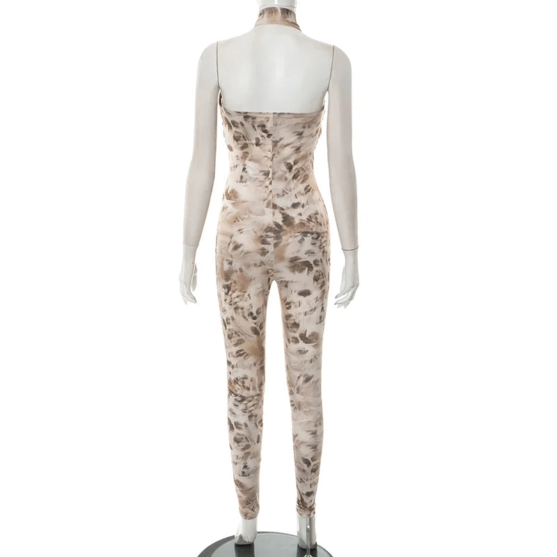 Cross Halter Jumpsuit Dames Zomer Blad Print Rugloos Mouwloos Stretch Fitness Activiteit Streetwear Overalls