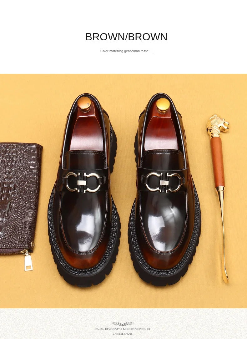 Cow Leather British Loafers Men Glossy Leather Business Casual Heightening Shoes - Non-Slip Tire Soles Dress and Round Toe Shoes
