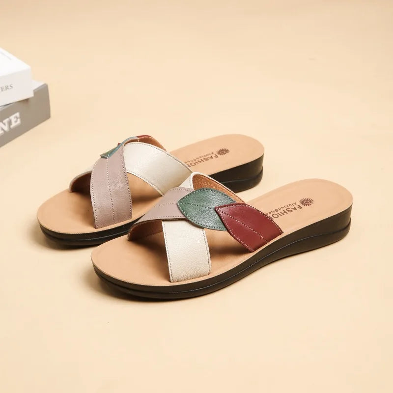 Women Female Ladies Mother Genuine Leather Shoes Sandals Platform Slipper Summer Cool Beach Soft Slip On Outside