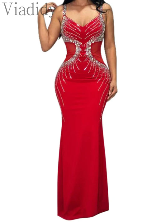 Women Spaghetti Strap Rhinestone Floor Length Mermaid Party Dress