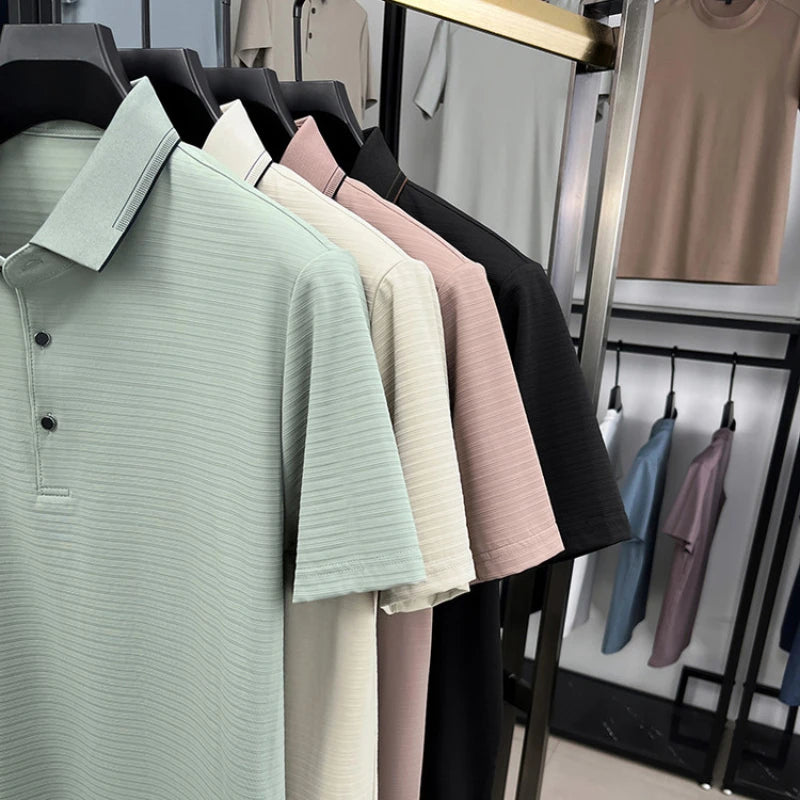 Men's Short-Sleeved T-Shirt, Subtle Striped Texture, Classic Collar Design With Button Details - Soft and Breathable Fabric Polo