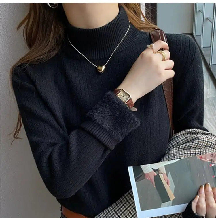 Women's Turtleneck Sweater Winter Retro Red With Velvet Lining Thickened Inner Wear Thermal Knitting Bottoming Shirt