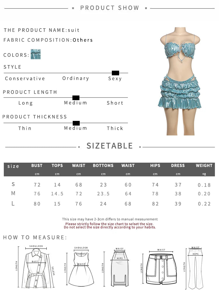 Sexy Beach Style Women 2 Piece Set Y2K Glitter Silky Strapless Bandage Camisole + Briefs + Ruched Ruffles Skirts Clubwear
