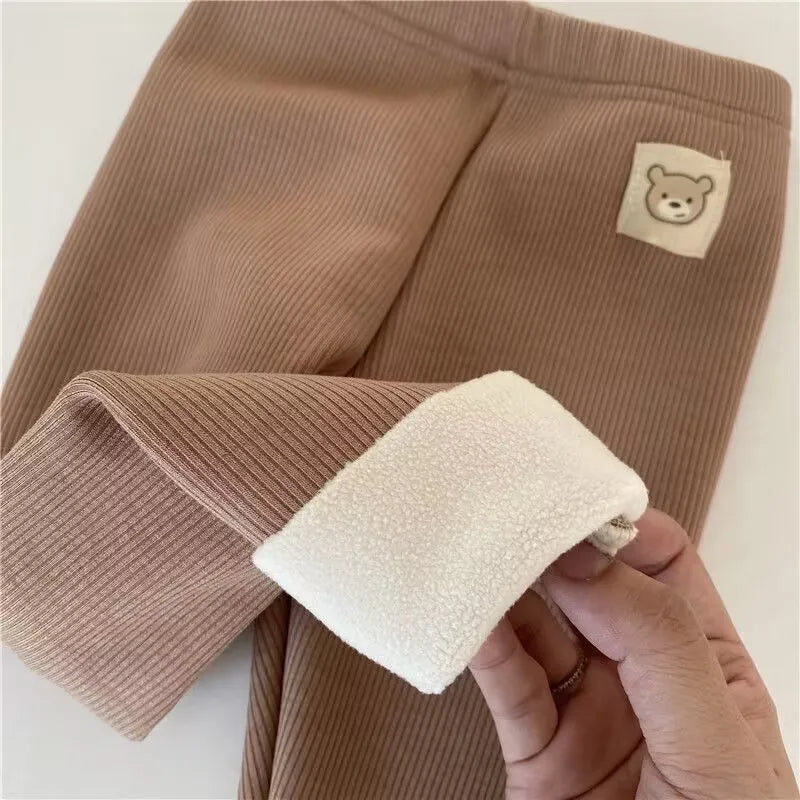 New Autumn Kids Leggings Girls Cute Bear Fur Padded Skinny Pants Children Warm Cartoon Elastic Leggings 4-6Y Girls