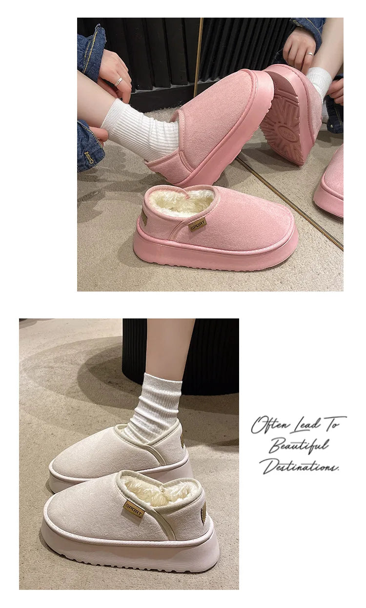 Women's Winter Warm Fuzzy Lining Cotton Shoes Fur Fluffy Slippers For Indoor and Outdoor Use With Anti-Skid Plush Thick Sole Cotton Shoes