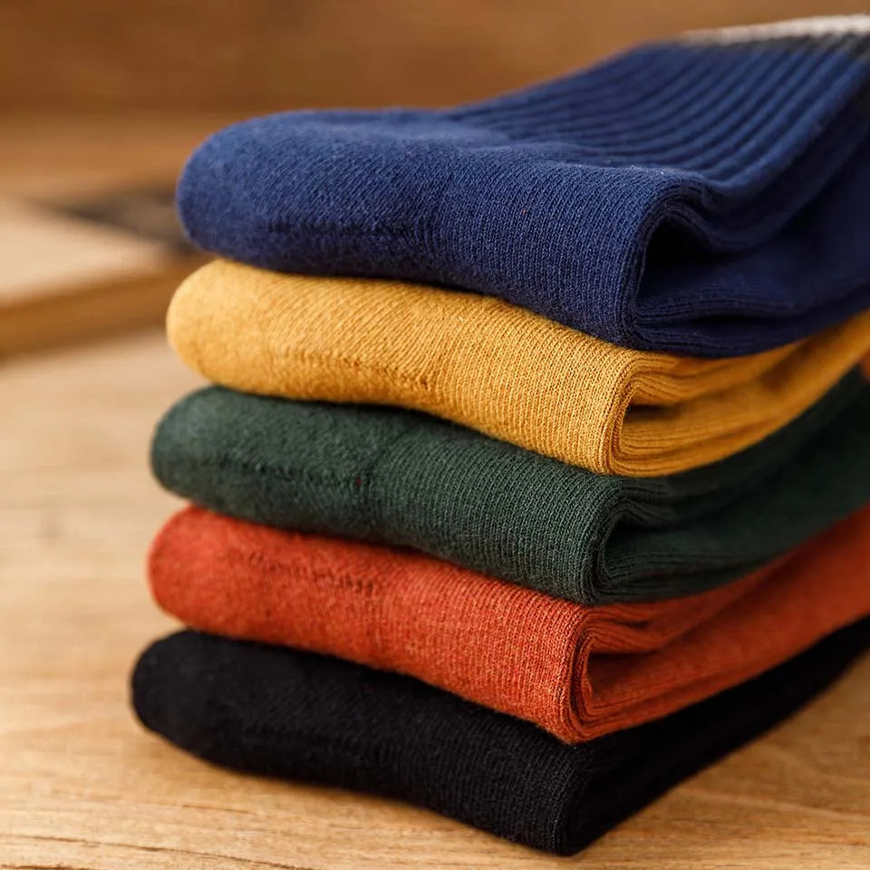 5 Pairs Winter Men's Cotton Tube Socks Harajuku Retro Thick Warm Striped Plus Size Long Terry Socks