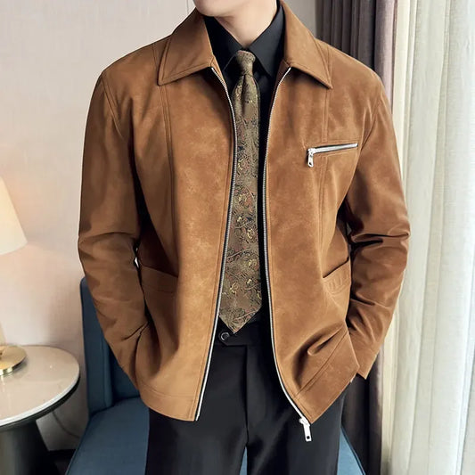Men's Suede Casual Jacket, Lapel Fashionable Jacket, High-Grade Zipper Decorations, Business Casual Warm Male Coat