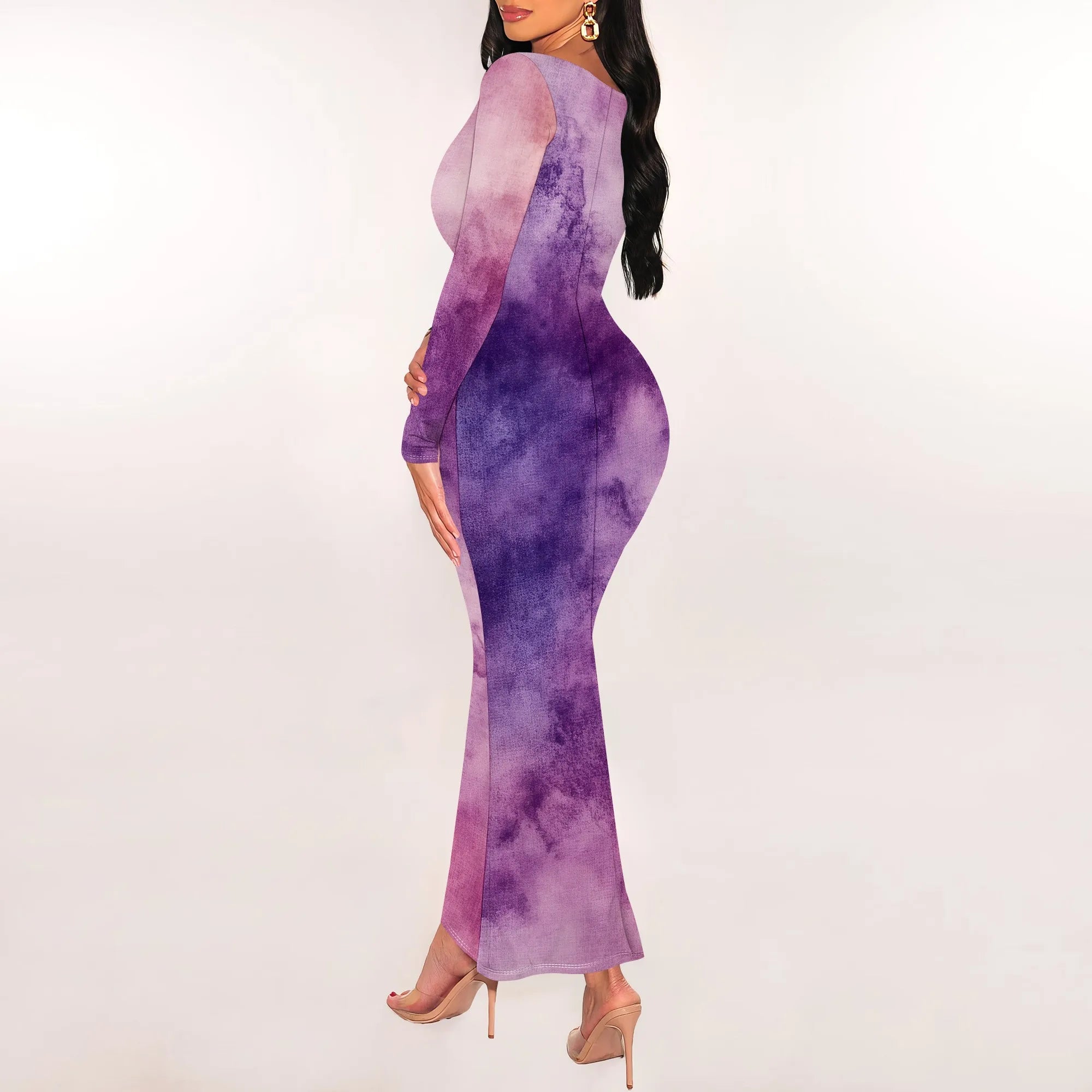 Women's Fall Trendy Dress Tie Dye Crew Neck Long Sleeve Bodycon Maxi Dress Casual Long Dresses