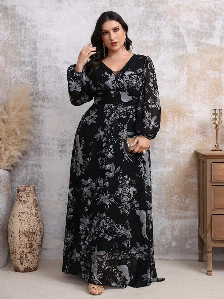 Women's Elegant Random Floral Printed Casual Plus Size Long Dresses With V-Neck Lace Mesh Suitable For Female Party and Evening Dresses