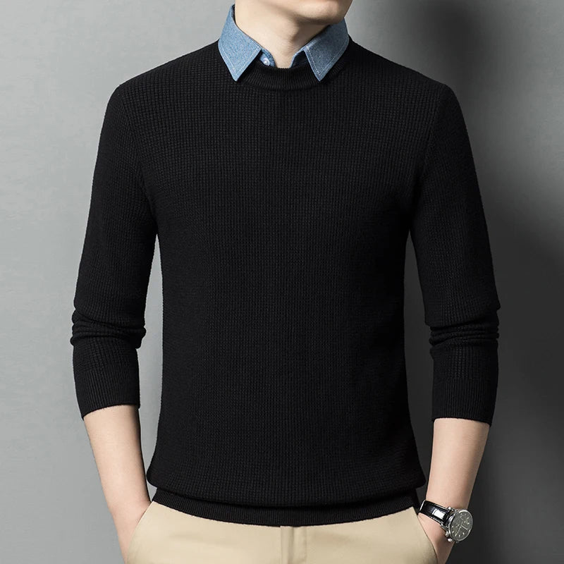 Men's Top Grade Fake Two Collared Fashion, Designer Knitted Pullover Sweater, Casual Brand Slim Fit Male Jumpers