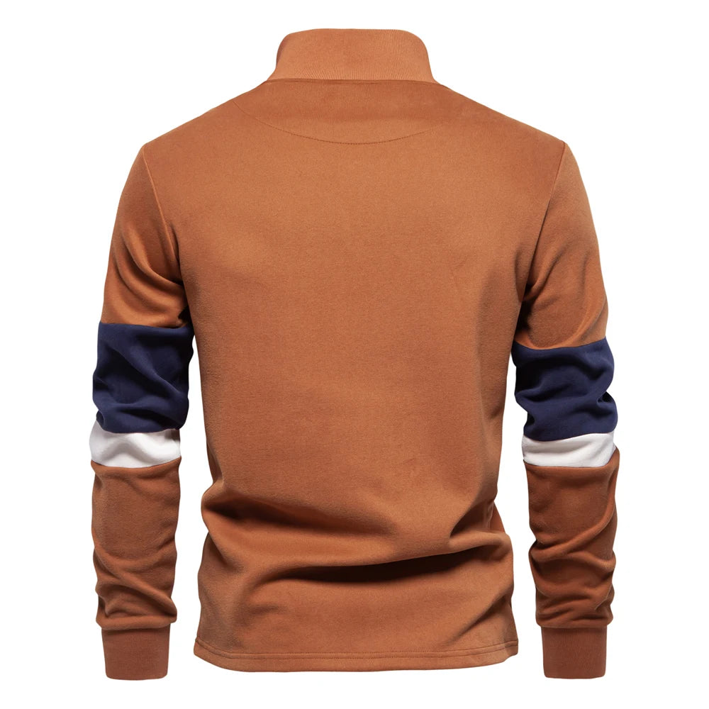 Men's Mock Neck Quarter Zip Sweatshirts Patchwork  Fashion Pullover Cotton-blend Sweatshirt for Men