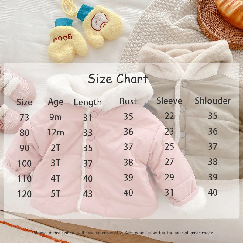 Winter Baby Girls Clothes Fur Lining Hoodie Jacket Cotton Fleece Boys Coat 7-36m Unisex