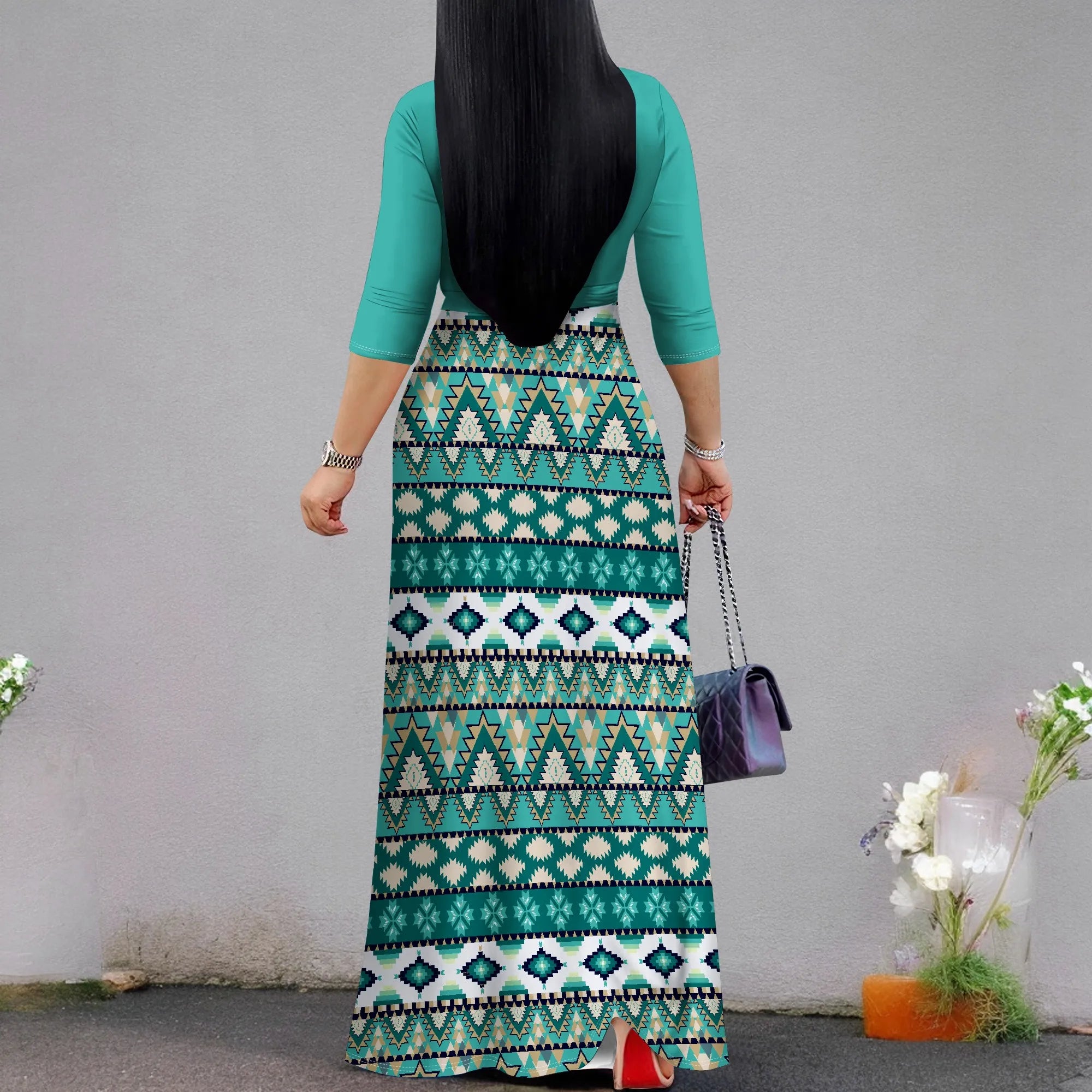 Women's Floral Print Maxi Dresses Summer with Pockets Casual 3 4 Sleeve V-Neck Wrap Tie Waist Long Dress