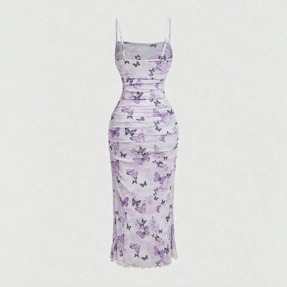 2025 Summer New Sleeveless Square Neck Folds Women Dress Modest Fashion Butterfly Stringy Female Dresses