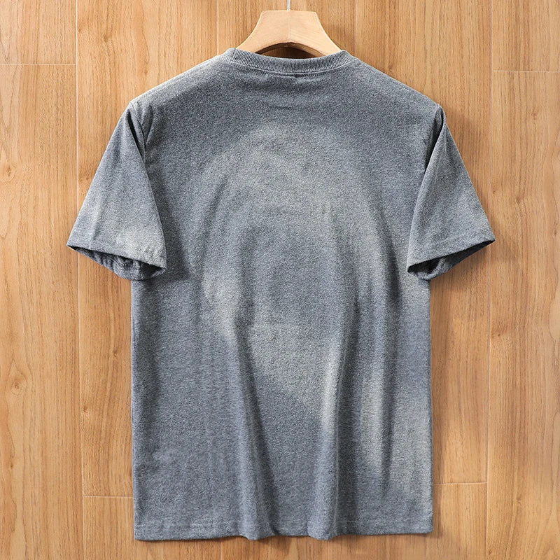 2025 Summer New American Retro 250g Short Sleeve O-neck Printed T-shirt Men's Fashion 100% Cotton Washed Casual Loose Tops