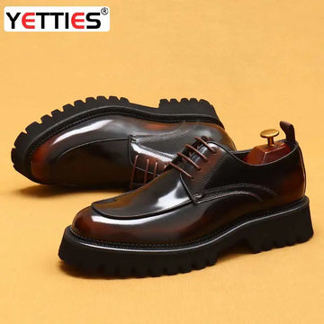 Designer Men's Leather Shoes With Thick Soles Round Toe Glossy Leather Business Dress and Waxed Cowhide Lace-Up British Shoes