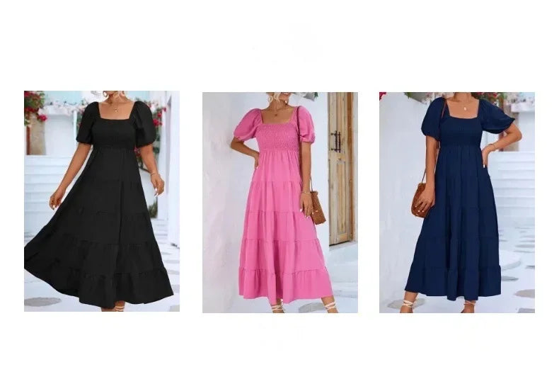 Dresses For Women  Streetwear Plus Size Square Neck Backless Puff Sleeve Pleated Short Sleeve Dress
