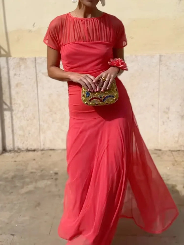 Women Summer Round Neck Loungewear Dress, See Through Solid Mesh Patchwork Elegant Maxi Dress, Short Sleeve Casual Ladies Dress