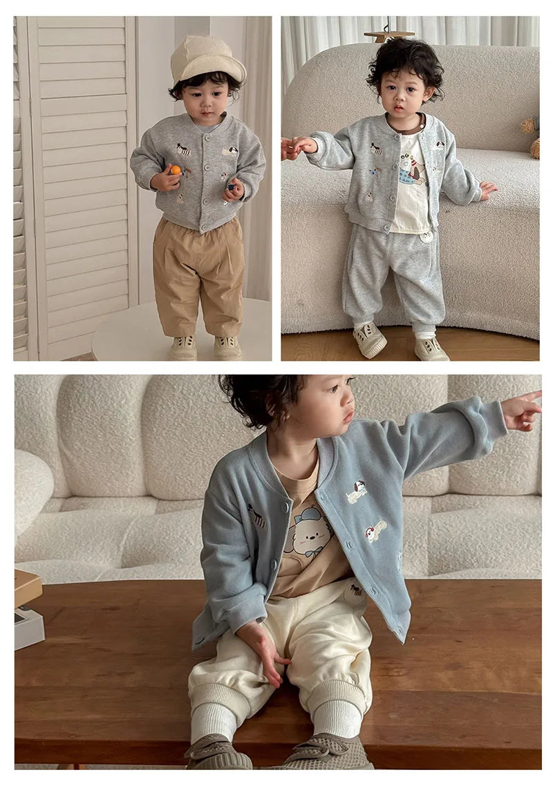 New Autumn Boys Girls Dog Baseball Uniform Cartoon Embroidered Pattern Kids Coat Fashion Children Clothes Pants 9M-5T Unisex