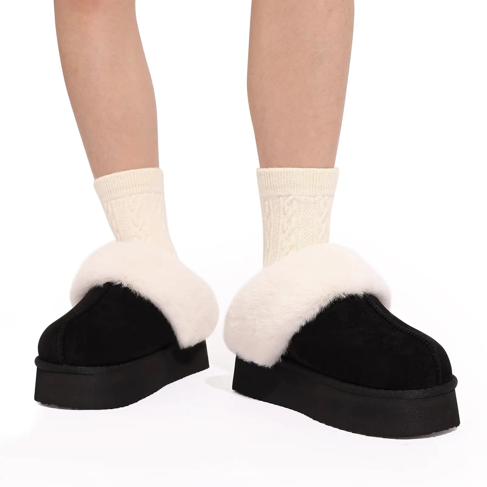 Women's Fashion Fur Winter Slippers With Thick Sole Fluffy Fuzzy Slippers and Anti-Slip Platform Slides Plush Shoes