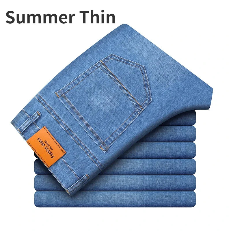 2025 Dunne of dikke stoffen kantoor- en zakenjeans voor heren, klassiek blauw, zwart, katoenen stretch, rechte denimbroek, herenmerkbroeken