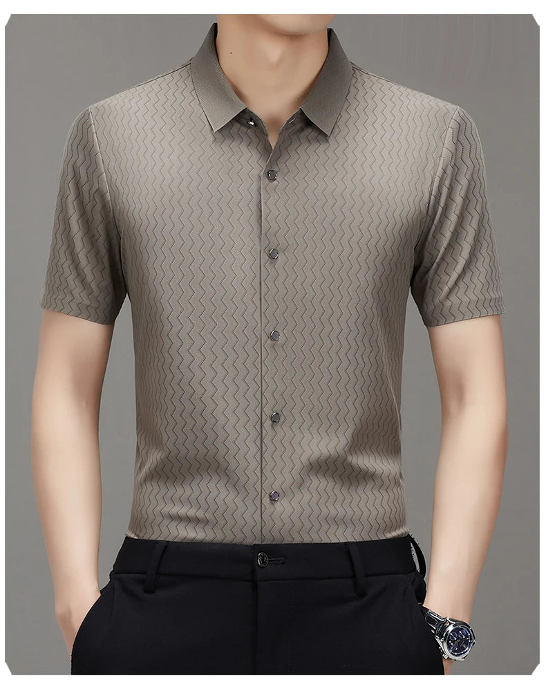 Men's Summer Lapel Shirt, Slim Fit Short-Sleeved, Fashion Dark Pattern Knitted Fabric Polo Shirt