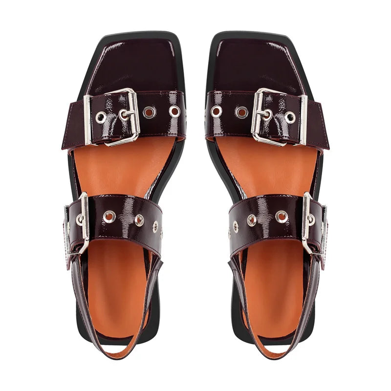 Women Square Toe Buckle Strap Flats Sandals Lady Big  Size Summer Punk Retro Mary Jane Slingbacks Sandals