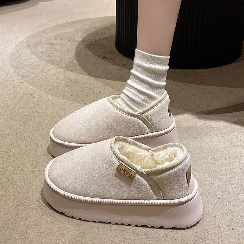 Women's Winter Warm Fuzzy Lining Cotton Shoes Fur Fluffy Slippers For Indoor and Outdoor Use With Anti-Skid Plush Thick Sole Cotton Shoes