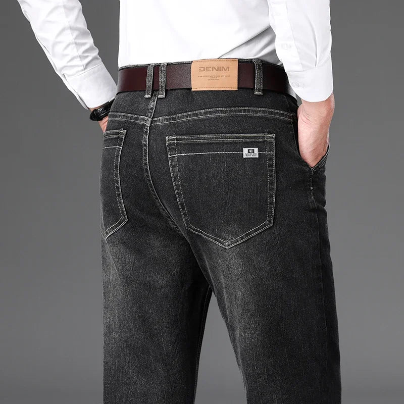 2025 Dunne of dikke stoffen kantoor- en zakenjeans voor heren, klassiek blauw, zwart, katoenen stretch, rechte denimbroek, herenmerkbroeken