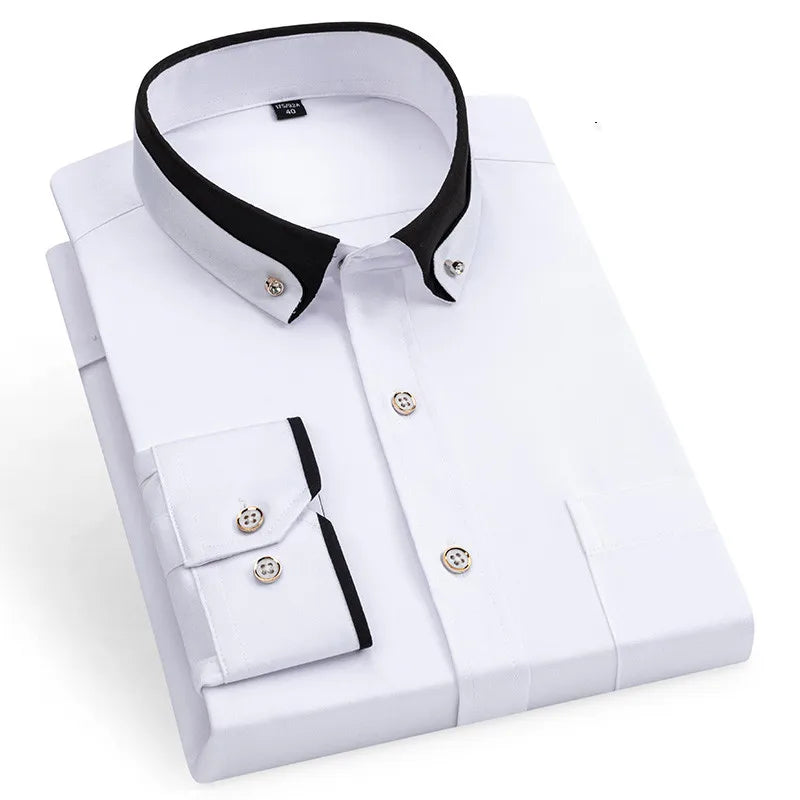 Men's Double Collar Shirt Long Sleeves Fashion Formal Classic Business Dress Shirt Black Casual Slim Fit Breathable Non-Iron Top