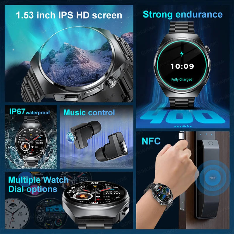 New Smart Watch Headset Two In One Wireless Bluetooth Dual Earbuds Call Health Monitor Sport Tracker Smartwatch - Compatible with HUAWEI IOS