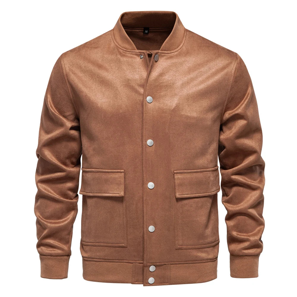 Men's Suede Button Up Bomber Jackets Crew Neck Button-Up Baseball Casual Business Outwear Jacket For Men