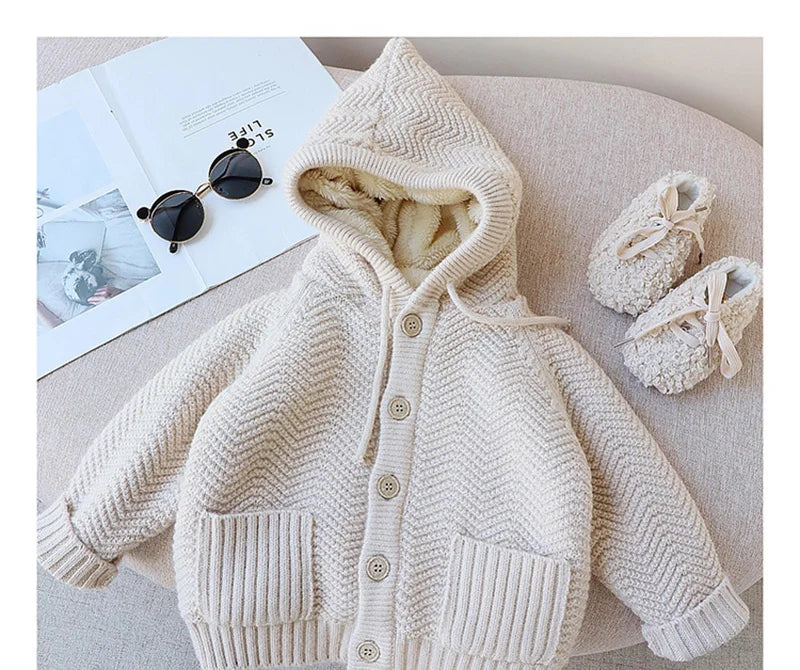 Winter Kids Sweaters Fur Lining Girls Cardigans Warm Boys Knitwear Children Outfit 1-7Y Unisex
