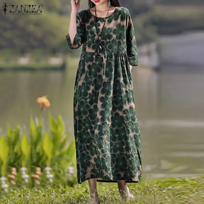 Bohemian Floral Printed Dress Autumn Long Sleeve O-Neck Maxi Robe Woman Casual Holiday Sundress Elegant Party Vestidos