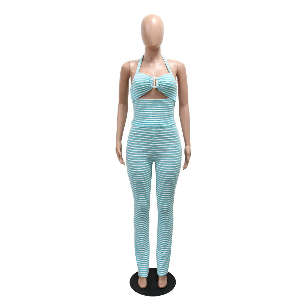 Women's Sexy Halter Backless Striped Sleeveless Top and High Waist Pencil Pants 2pcs Set