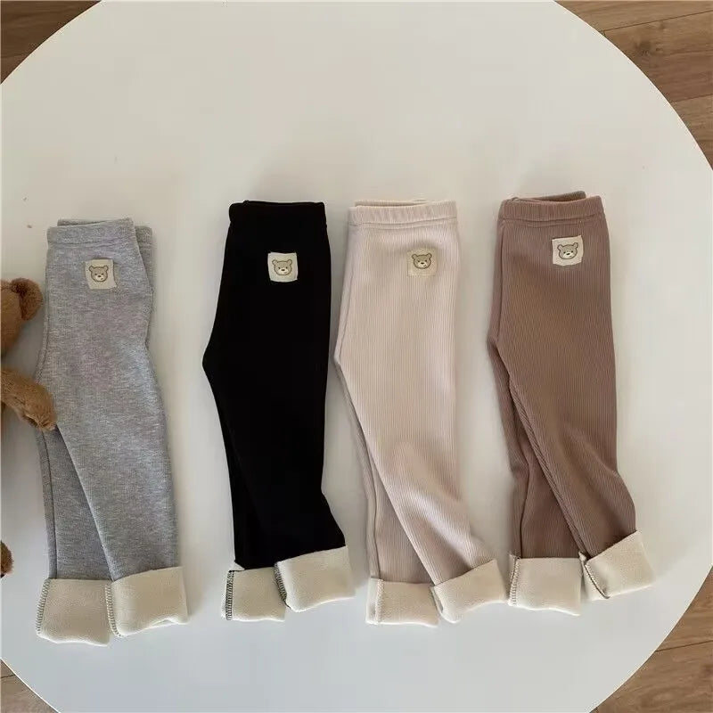 New Autumn Kids Leggings Girls Cute Bear Fur Padded Skinny Pants Children Warm Cartoon Elastic Leggings 4-6Y Girls