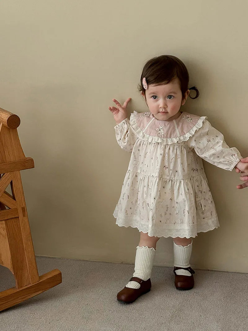 New Autumn Girls Flower Dress Cartoon Bunny Lace Kids Princess Dress Loose Korean Version Children Clothes 9M-5T Girls