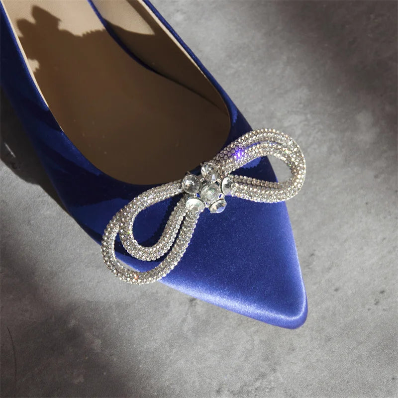 Woman Flats Pointed Toe Blue Rhinestones Bow  Clear Flat Daily Elegant Female Slip On Shoes