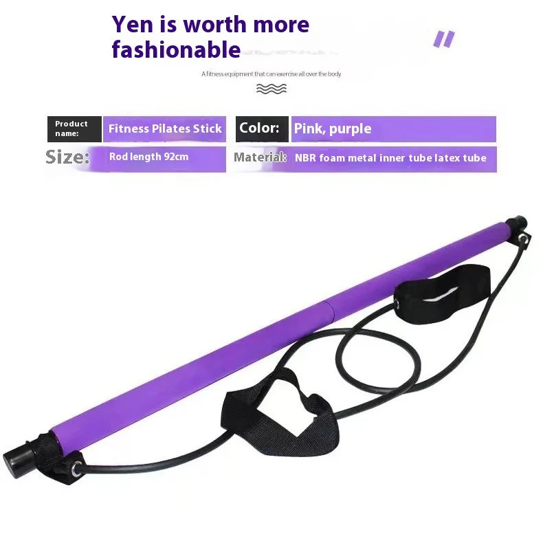 Adjustable Fitness Bar For Home Workout, Yoga, Stretching & Toning - Pilates Stick, Portable Exercise Rod with Elastic Bands